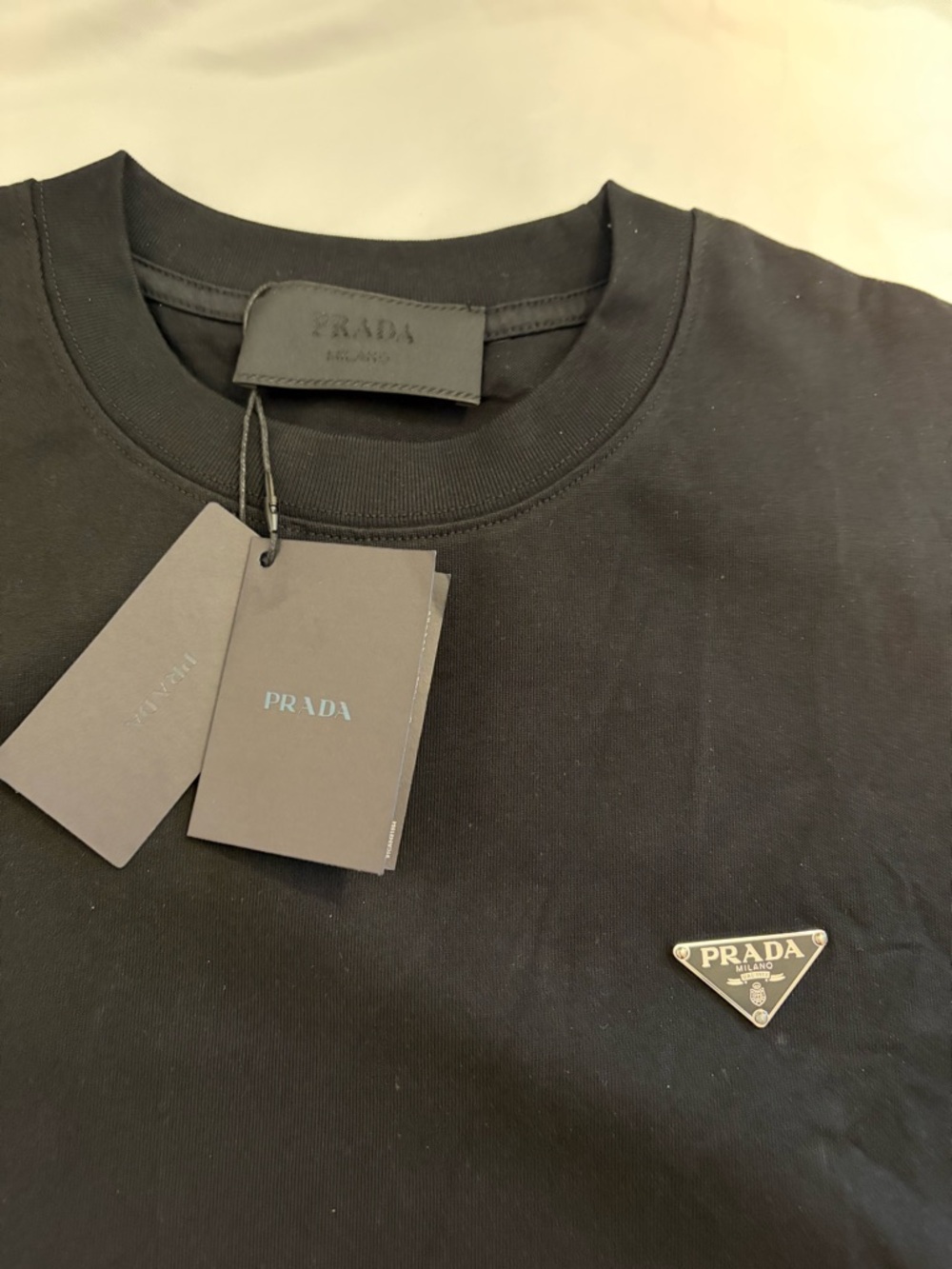 Prada Black Short Sleeve Crewneck with Metal Triangle Logo